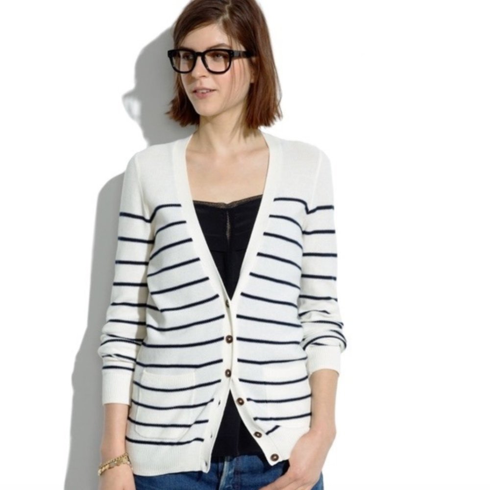 Madewell White and Navy Striped Cotton Cardigan Cotton Size Medium Nautical - Picture 6 of 9